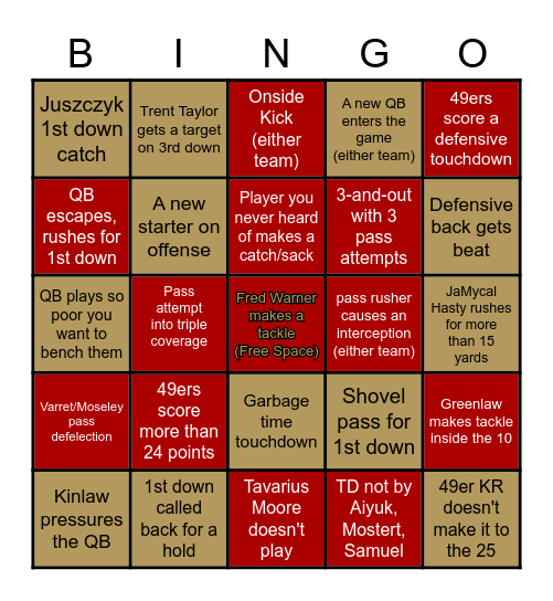 San Francisco 49ers Bingo Card