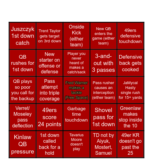 San Francisco 49ers Bingo Card