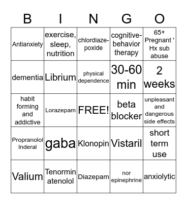 ANXIETY  Bingo Card