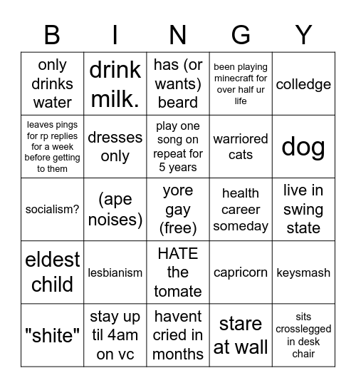 its me. bingy Bingo Card