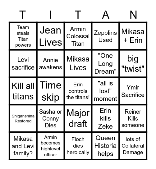 Attack on Titan Season 4 Bingo Card