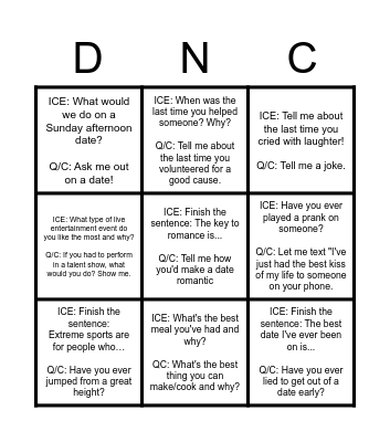Date Night Bingo Card
