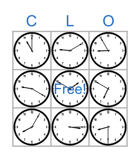 Telling Time Bingo Card