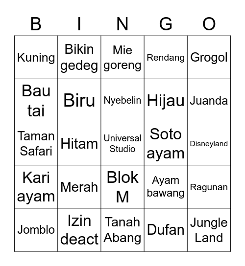 Arjuna Bingo Card