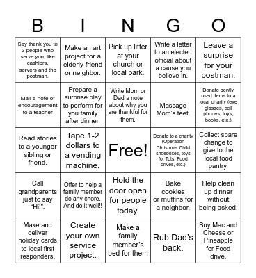 Pioneer Girls Acts of Kindness Bingo Card