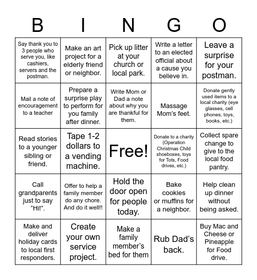 Pioneer Girls Acts of Kindness Bingo Card