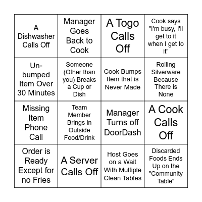 First Ever Chili's Bingo Card