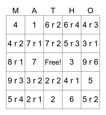 Division with Remainder! Bingo Card