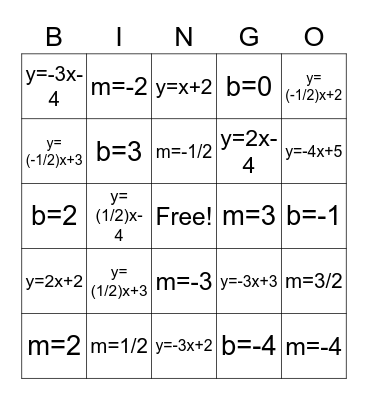 y=mx+b Bingo Card