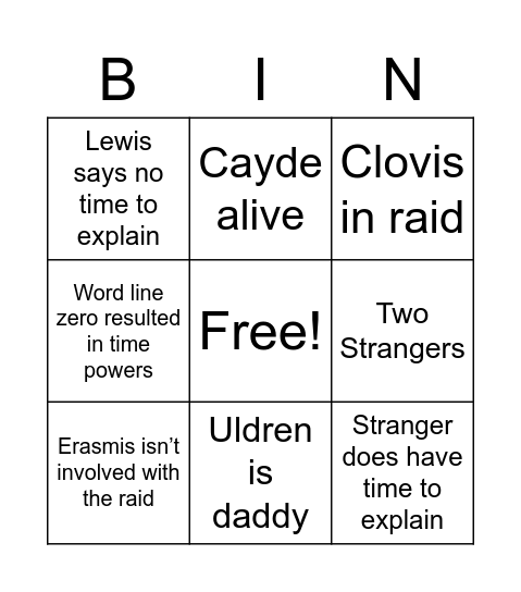 Beyond Light Bungo Bingo Card