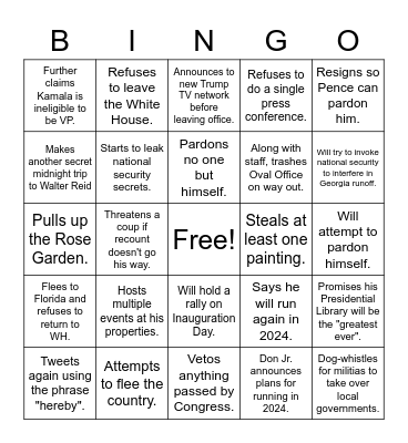 Trump Lame Duck Bingo Card