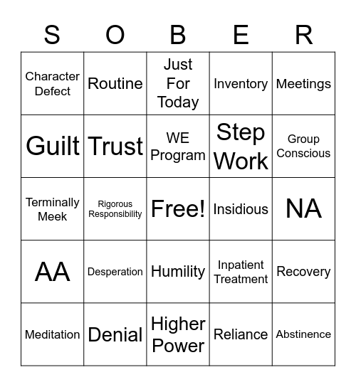 Recovery Bingo Card