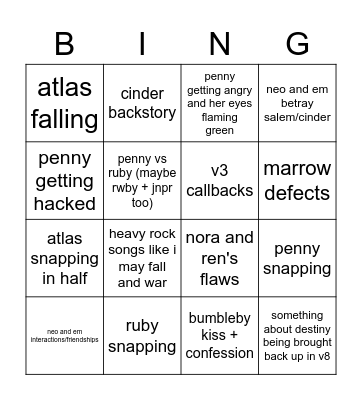 rwby v8 bingo Card