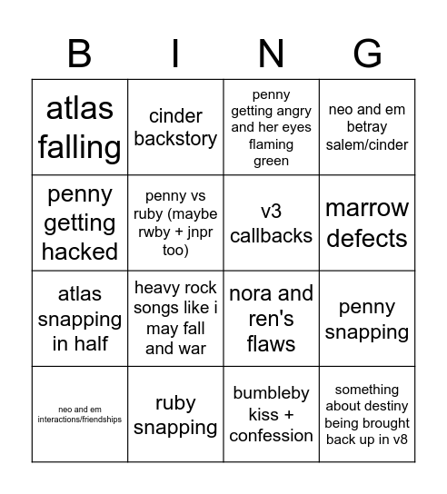 rwby v8 bingo Card