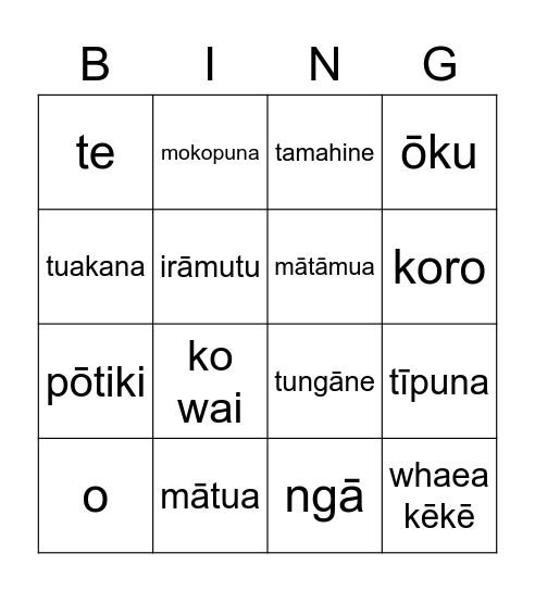 Te Whānau Bingo Card