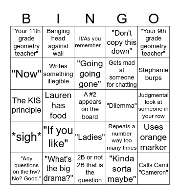 C Block Math Bingo Card