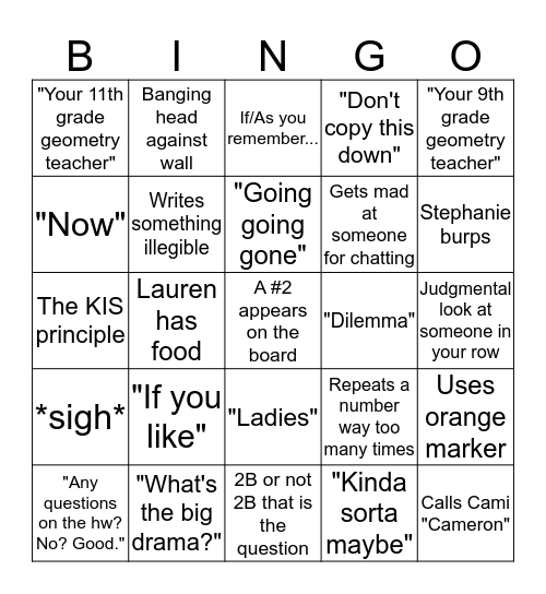 C Block Math Bingo Card