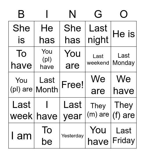 Avoir & Être Bingo Card
