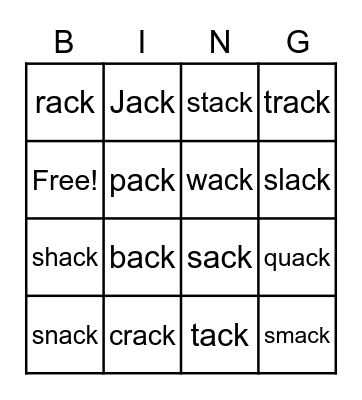 -ack word family Bingo Card