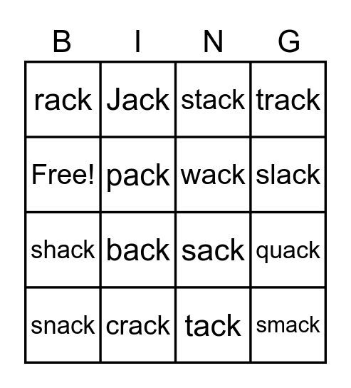 -ack word family Bingo Card