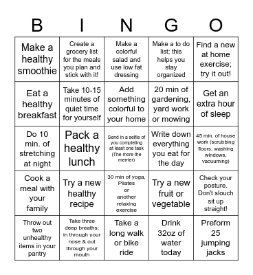 Pizza Hut Wellness Challenge Bingo Card