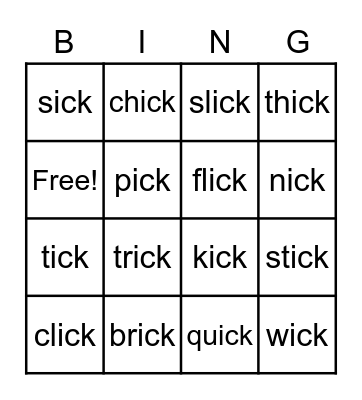 -ick words family Bingo Card