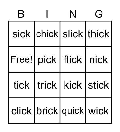 -ick words family Bingo Card