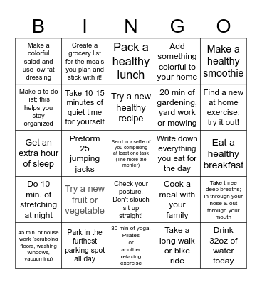 Pizza Hut Wellness Challenge Bingo Card