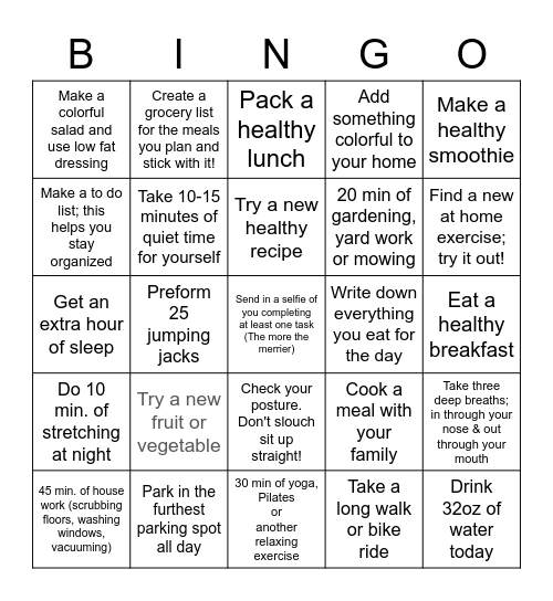 Pizza Hut Wellness Challenge Bingo Card
