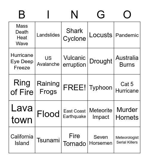 Natural disaster bingo Card