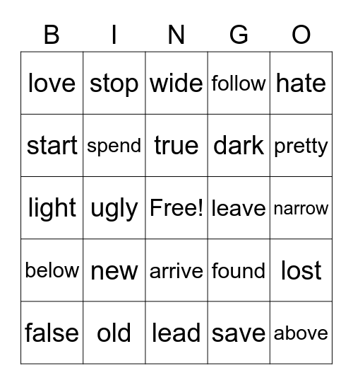 Antonyms Bingo Card