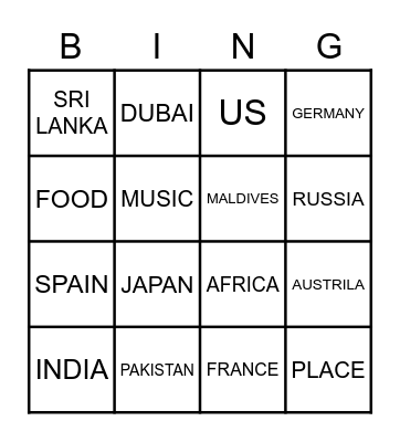 COUNTRY Bingo Card