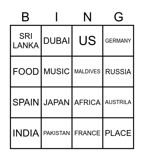 COUNTRY Bingo Card