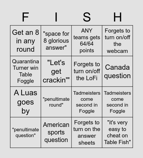 Table Fish Bingo! Bingo Card
