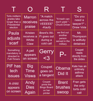 The Short and Happy Bingo Board for Fall 1L Bingo Card