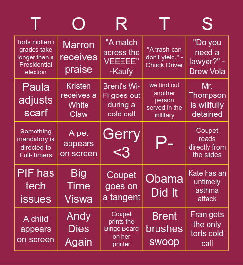 The Short and Happy Bingo Board for Fall 1L Bingo Card