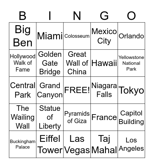 Tourism Bingo Card