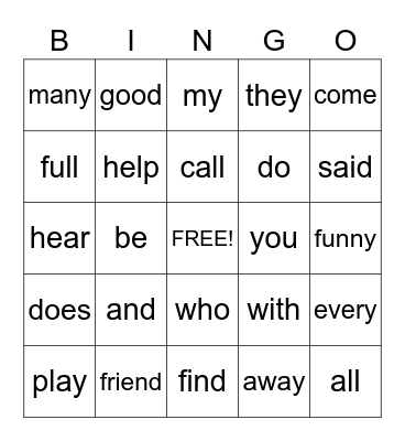 1st Grade Bingo Card