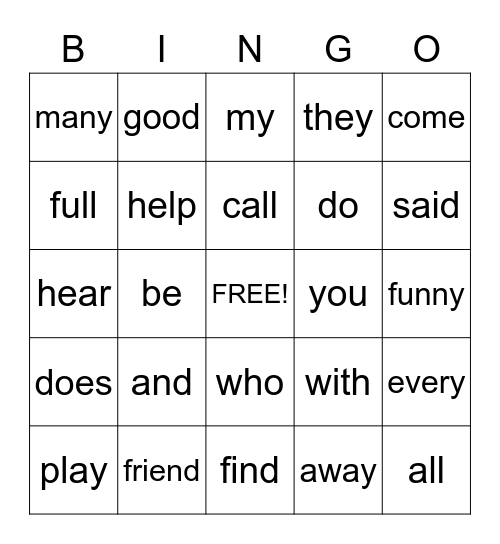 1st Grade Bingo Card