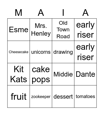 Maia Bingo Card