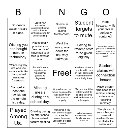 Pandemic Teaching Bingo Card