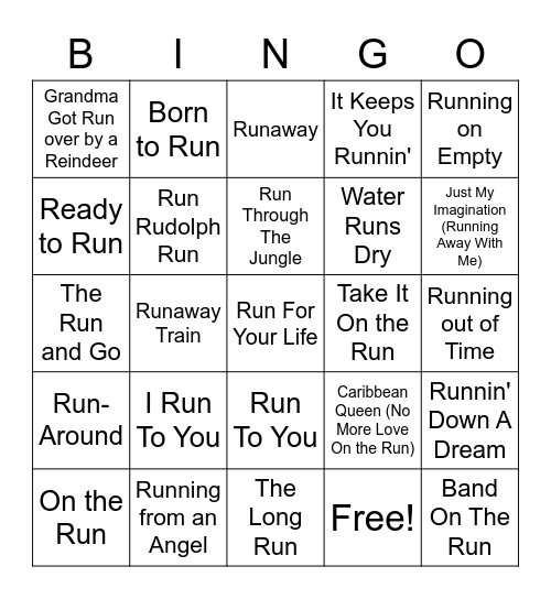 Songs With Run/Running/Runnin' In The Title Bingo Card