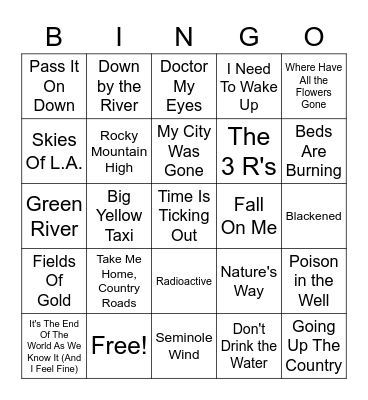 Songs About Nature Bingo Card