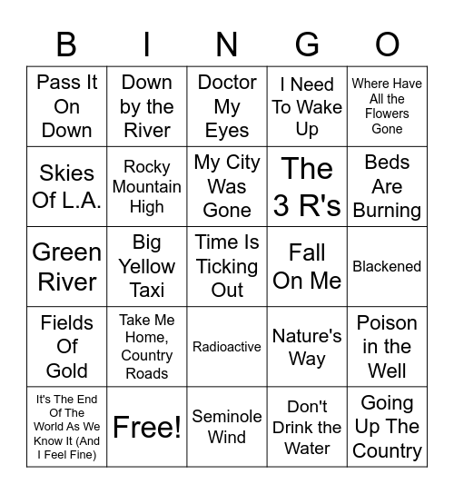 Songs About Nature Bingo Card