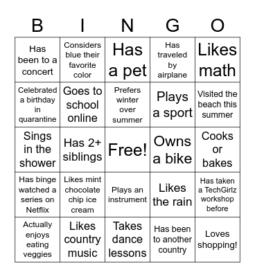 TechGirlz Icebreaker BINGO Card