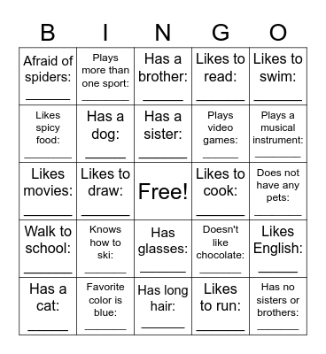 Get To Know Your Classmates Bingo Card