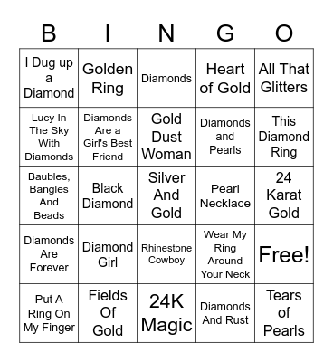 Songs About Jewelry Bingo Card