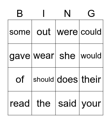 Sight Words Bingo Card