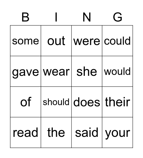 Sight Words Bingo Card