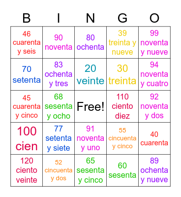 Más números 120 Bingo Card